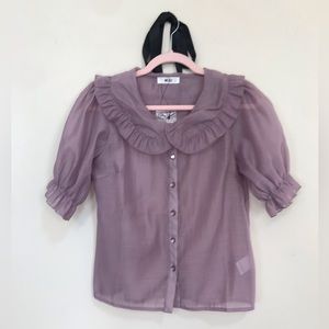 Sheer Lavender Blouse w/ Puff Sleeves and Ruffled Statement Collar size S